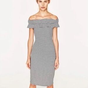 ZARA -  Ruffled Off Shoulder Stripped Bodycon Dress -Size S